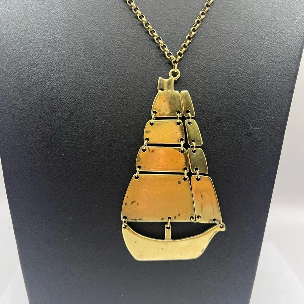 Nautical Ship Boat Brass Pendant  Necklace Oversized Articulated Ship - Picture 6 of 15